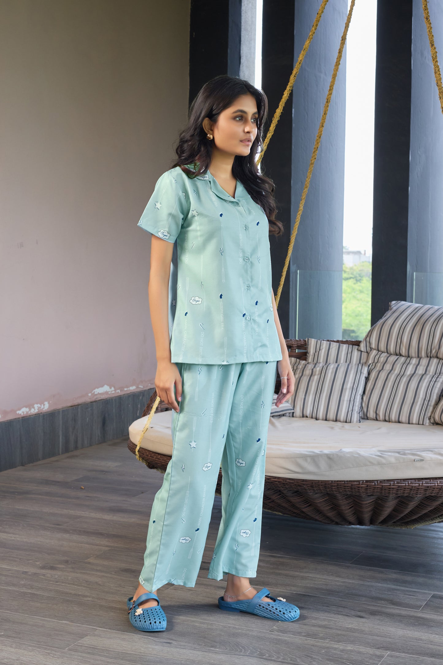Mint Green Printed Women’s Nightwear Set | Short Sleeve Shirt & Pyjama with Pocket