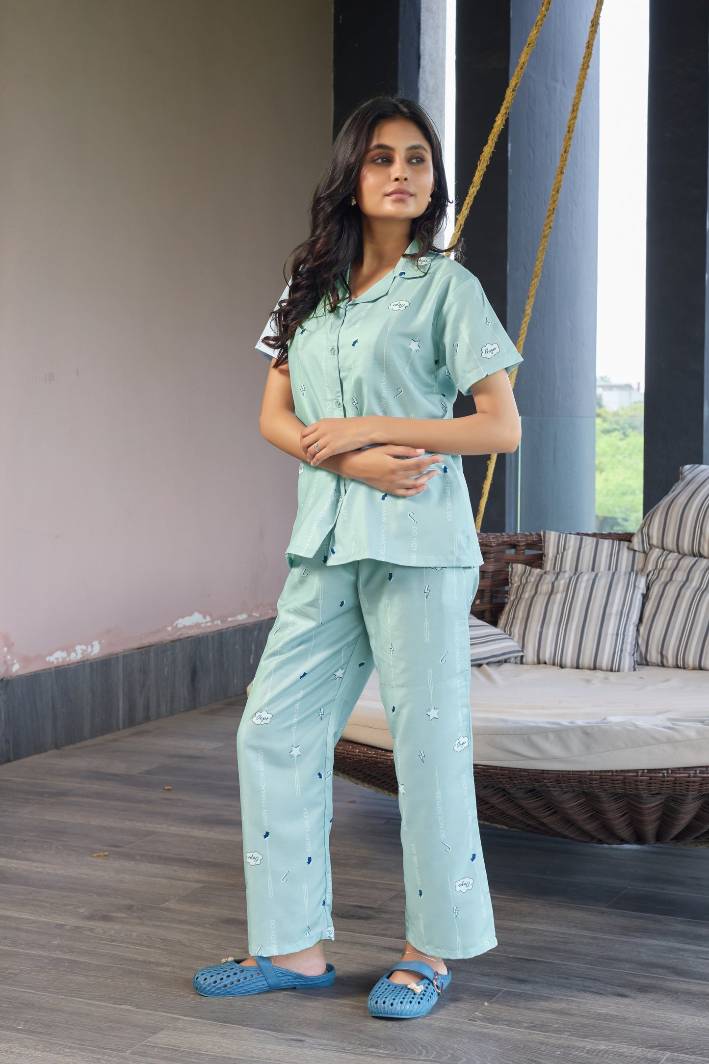 Mint Green Printed Women’s Nightwear Set | Short Sleeve Shirt & Pyjama with Pocket