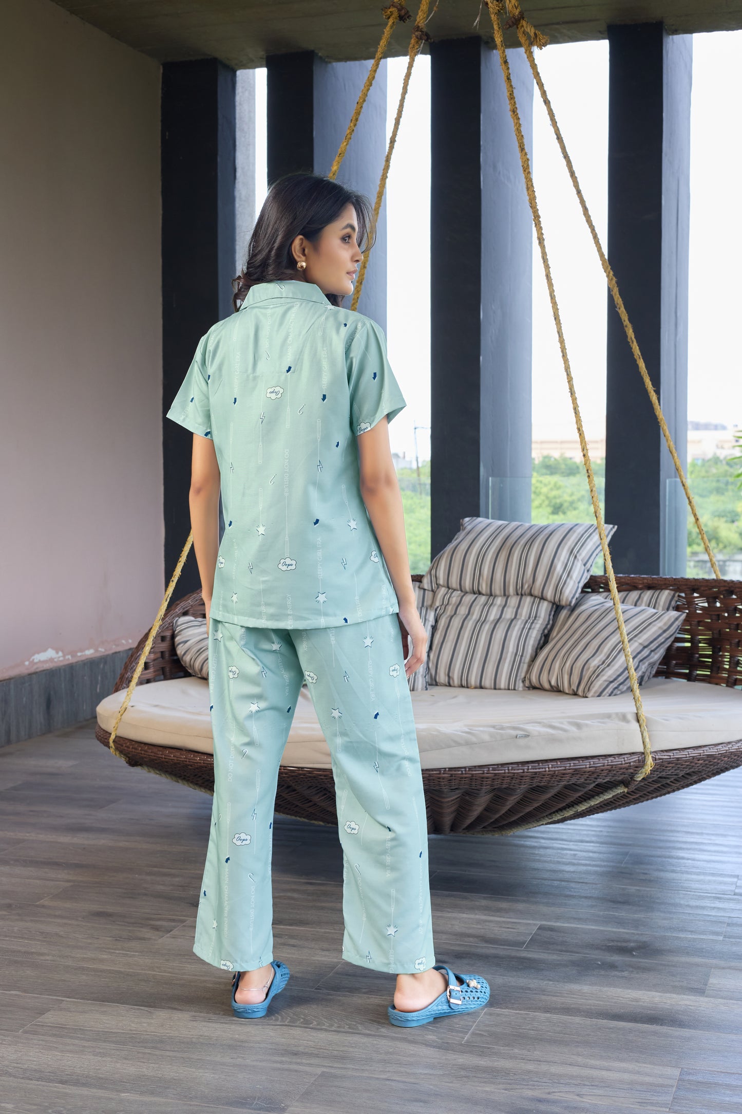 Mint Green Printed Women’s Nightwear Set | Short Sleeve Shirt & Pyjama with Pocket