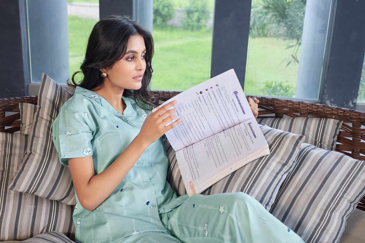Mint Green Printed Women’s Nightwear Set | Short Sleeve Shirt & Pyjama with Pocket