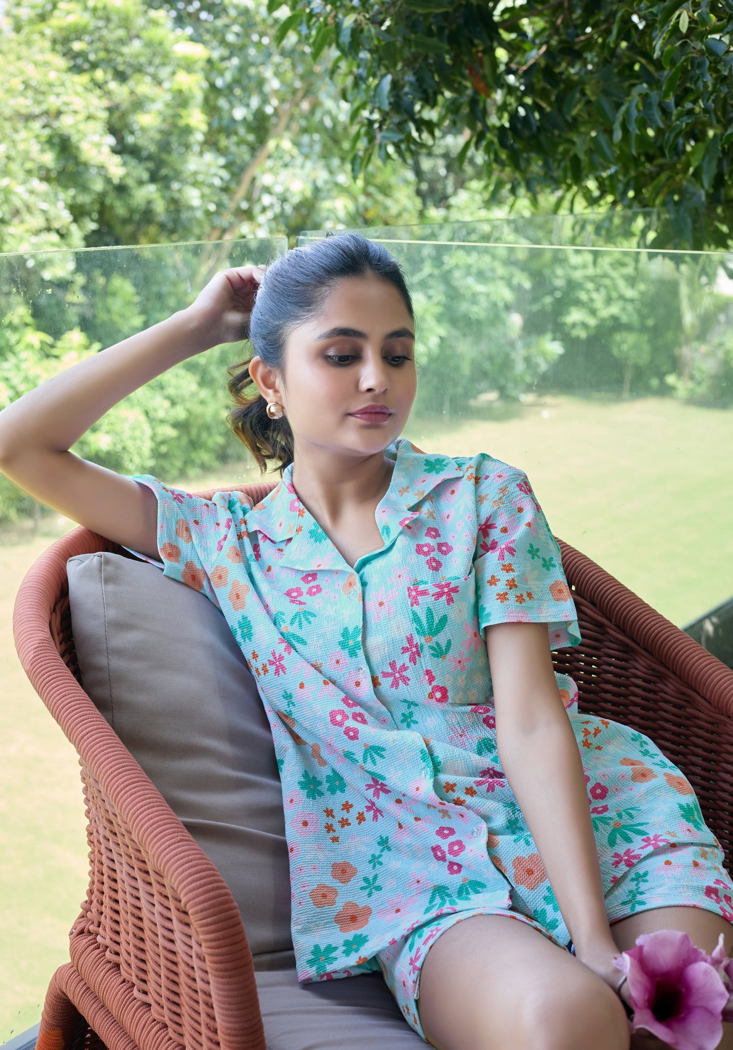 Mint Green Floral Bubble Crepe Short Set for Women