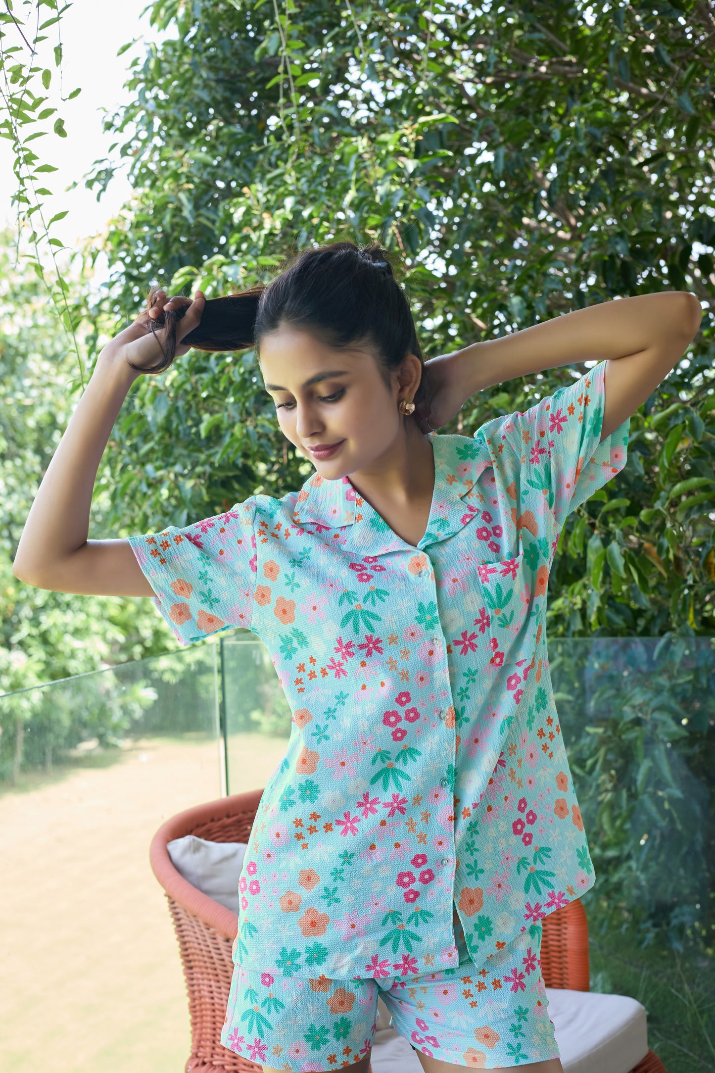 Mint Green Floral Bubble Crepe Short Set for Women