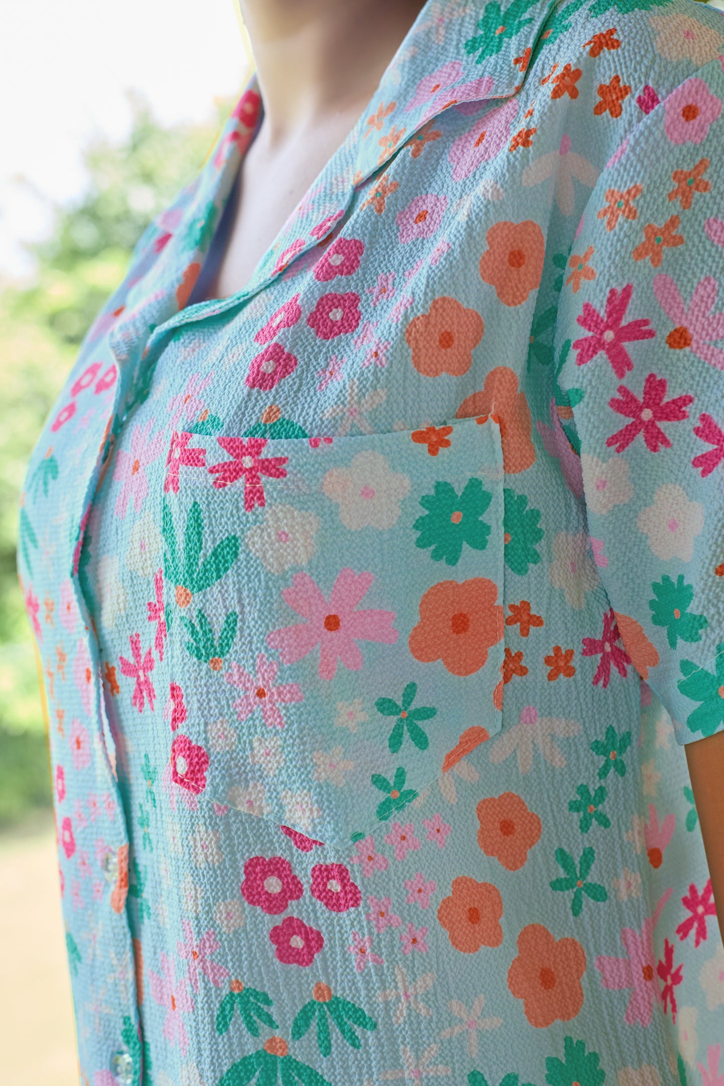 Mint Green Floral Bubble Crepe Short Set for Women