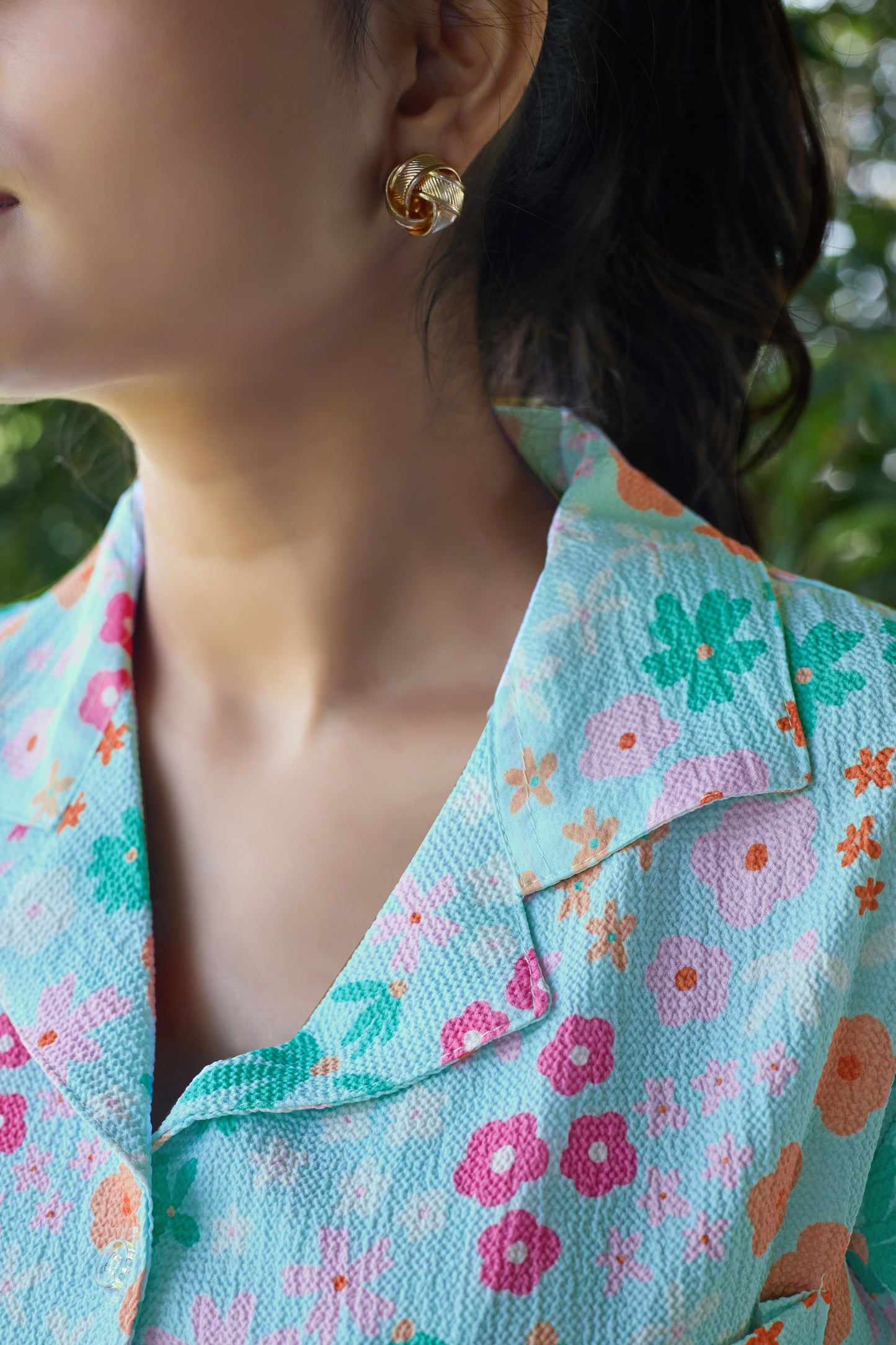 Mint Green Floral Bubble Crepe Short Set for Women