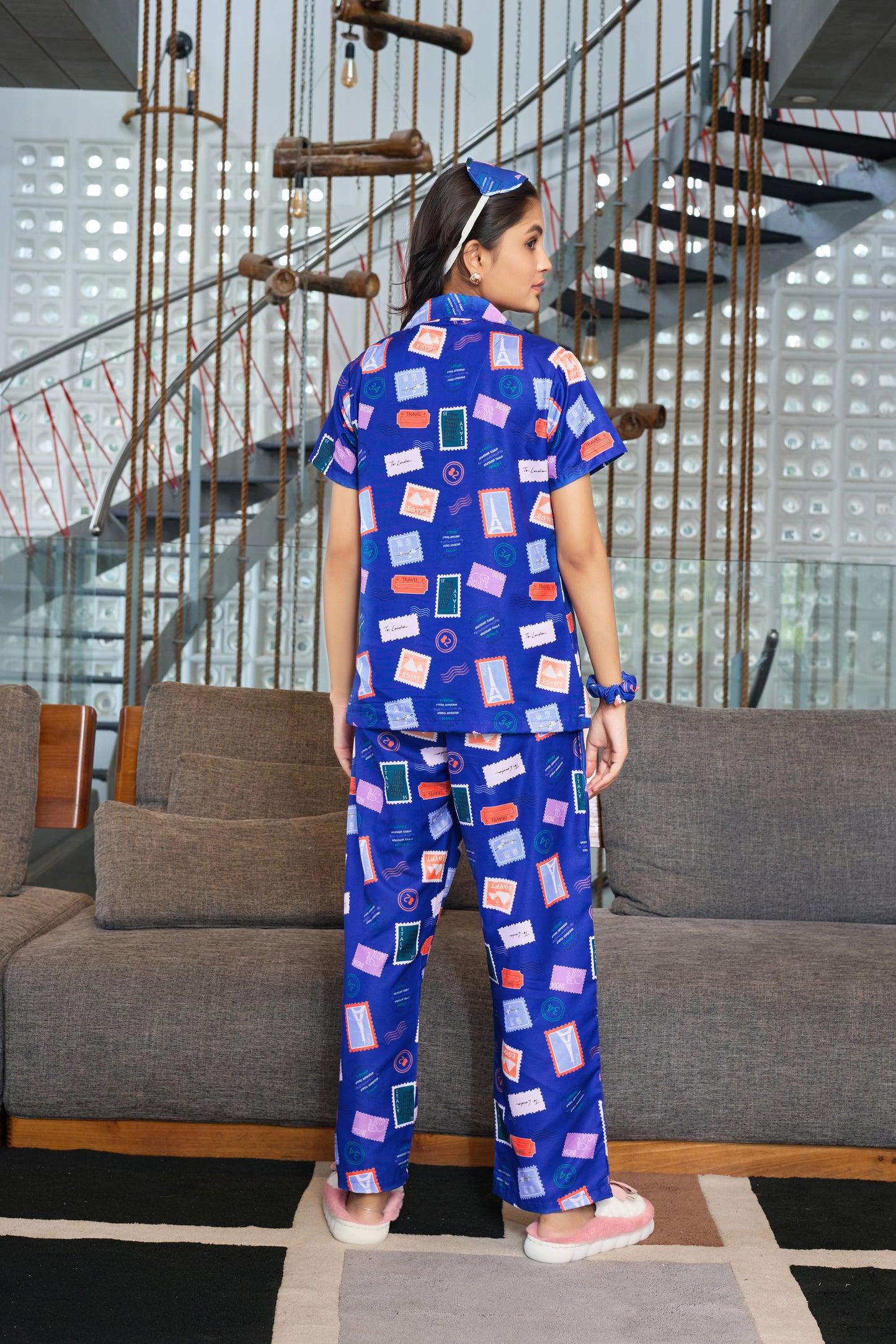 Stylish Blue Printed Nightwear Set For Sweet Night
