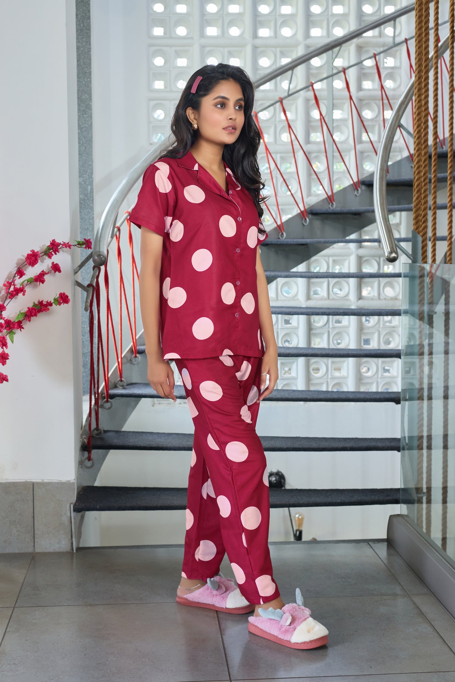 Wine Red Polka Dot Nightsuit Set for Women
