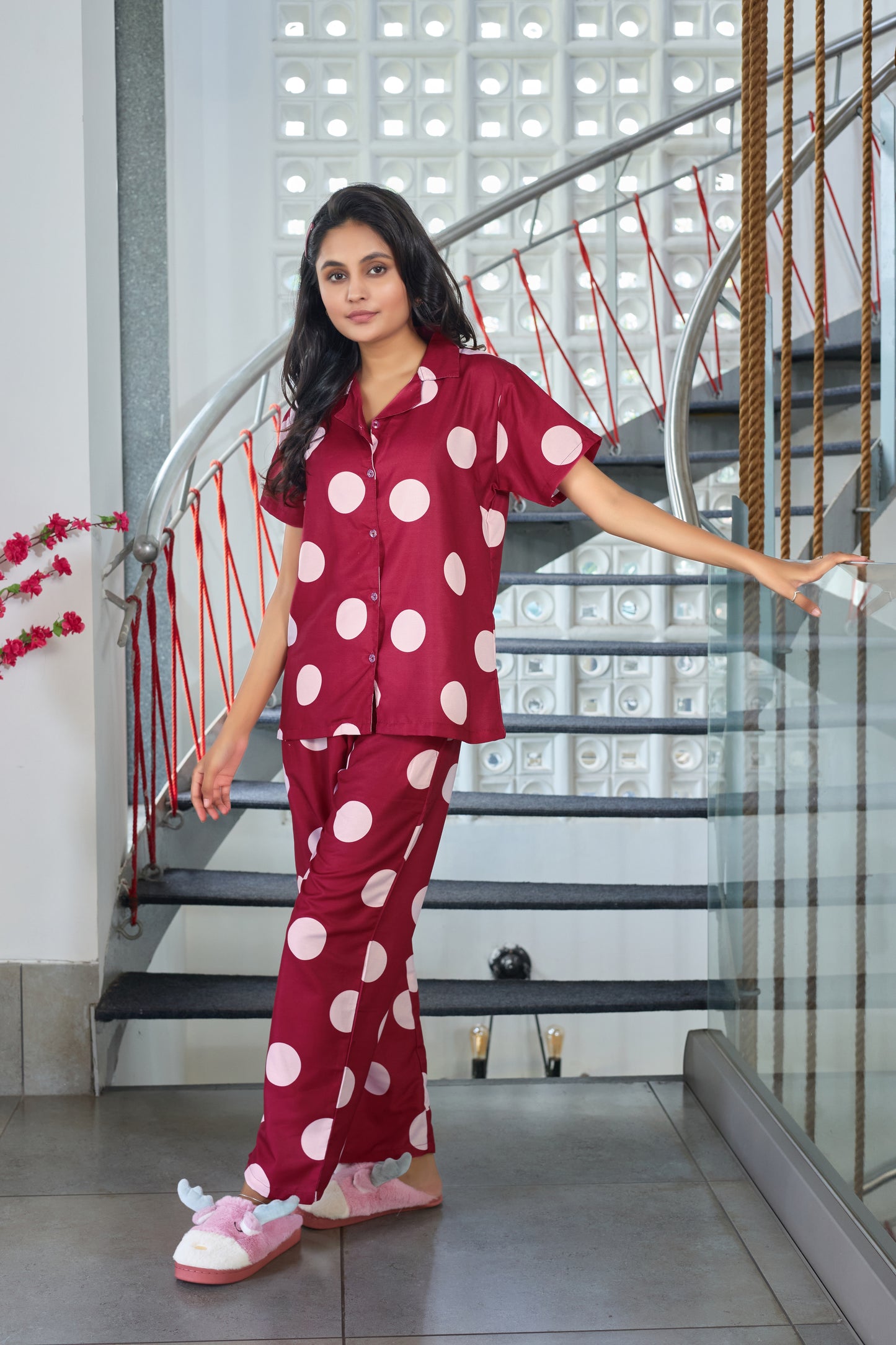 Wine Red Polka Dot Nightsuit Set for Women