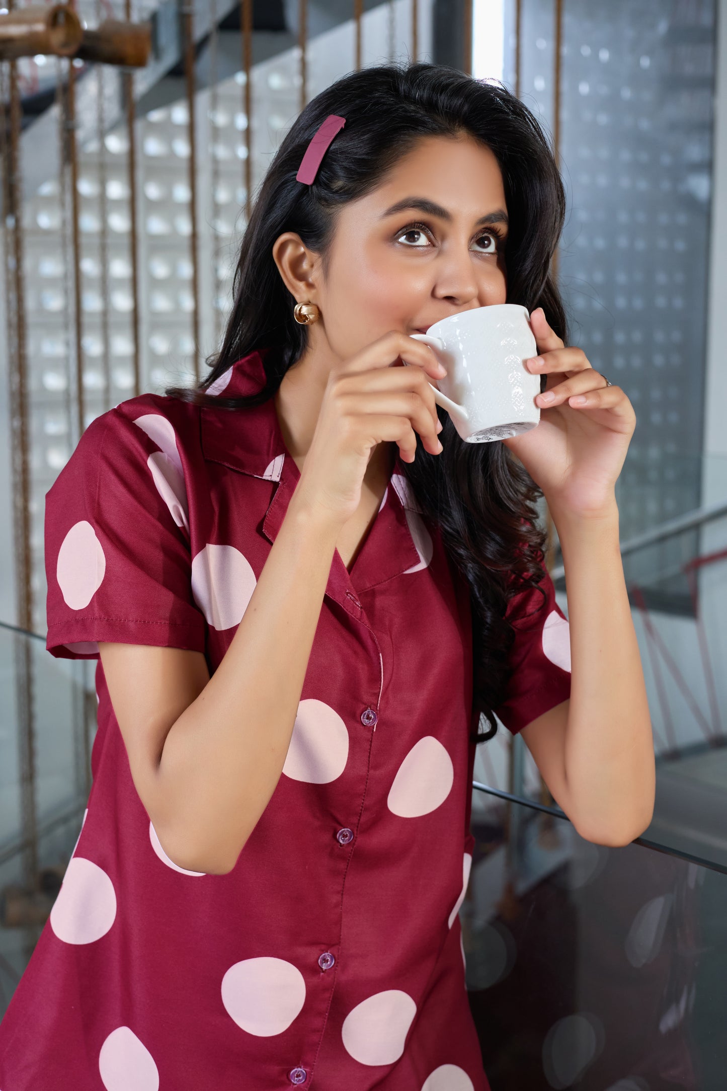 Wine Red Polka Dot Nightsuit Set for Women