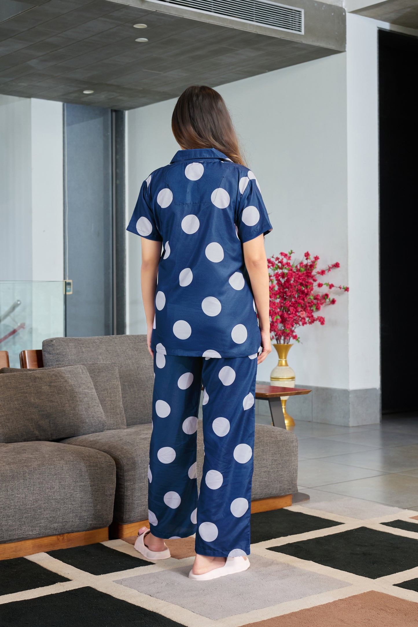 Navy Blue Polka Dot Night Suit for Women – Comfortable Lounge & Sleepwear Set