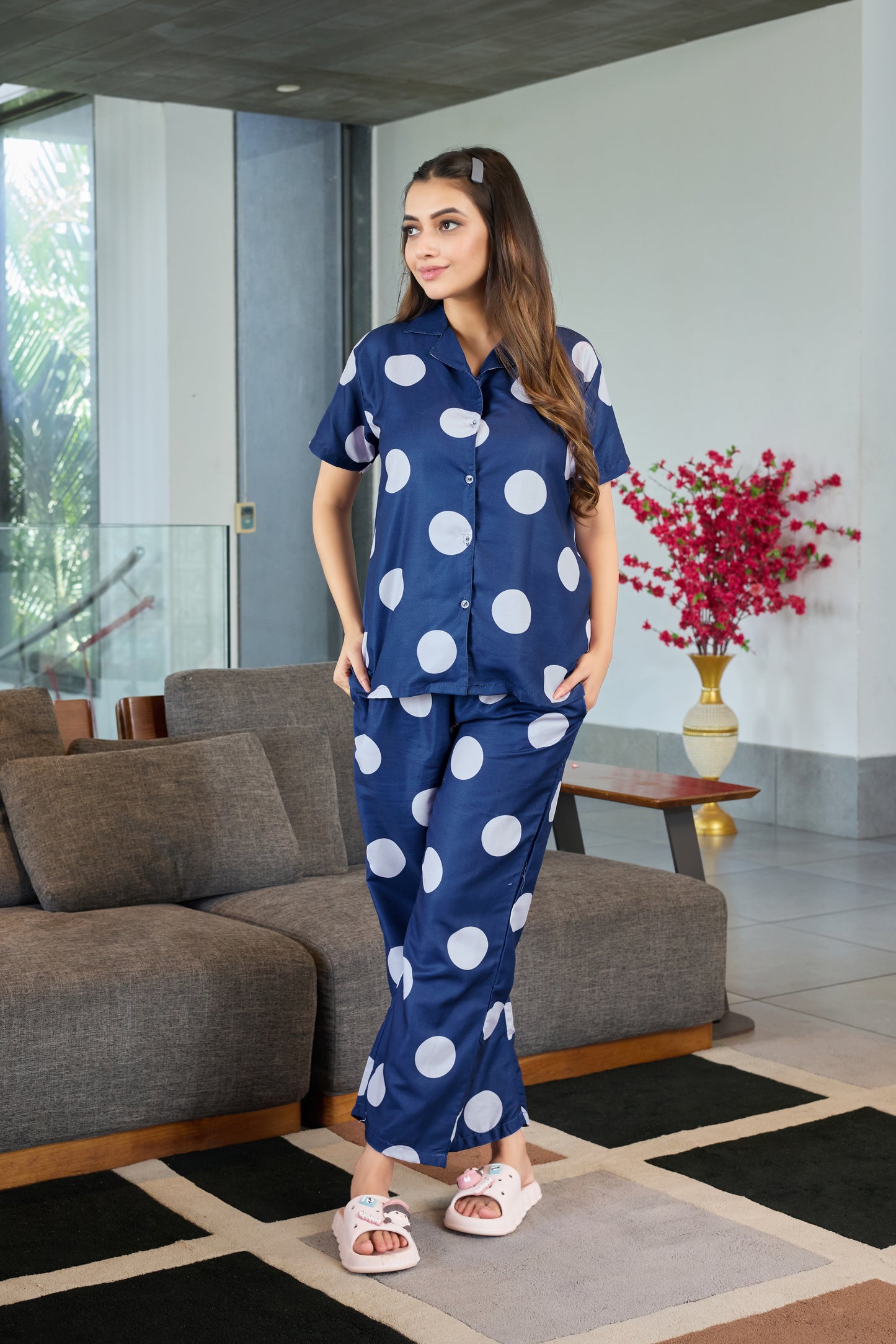Navy Blue Polka Dot Night Suit for Women – Comfortable Lounge & Sleepwear Set