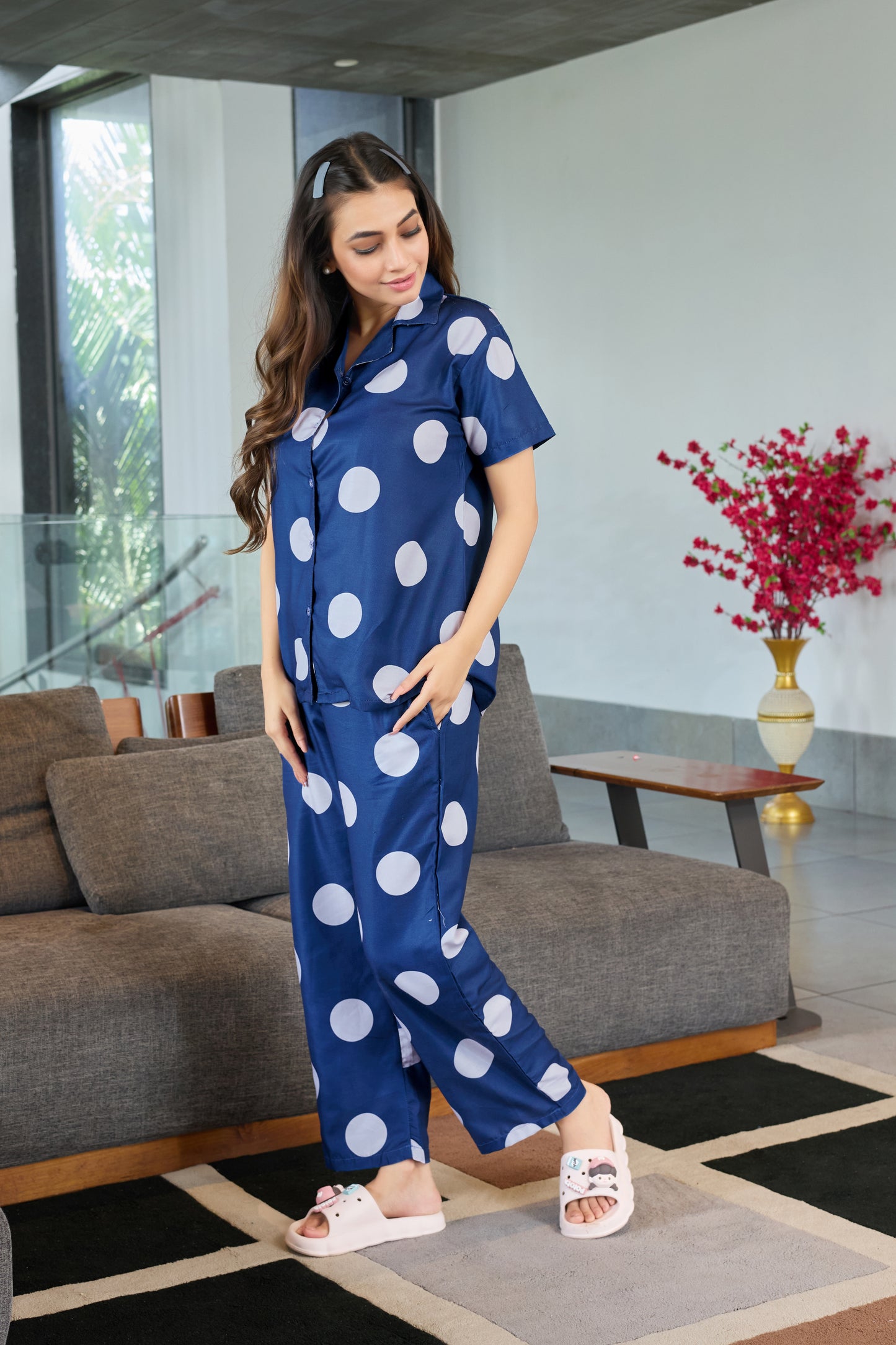 Navy Blue Polka Dot Night Suit for Women – Comfortable Lounge & Sleepwear Set