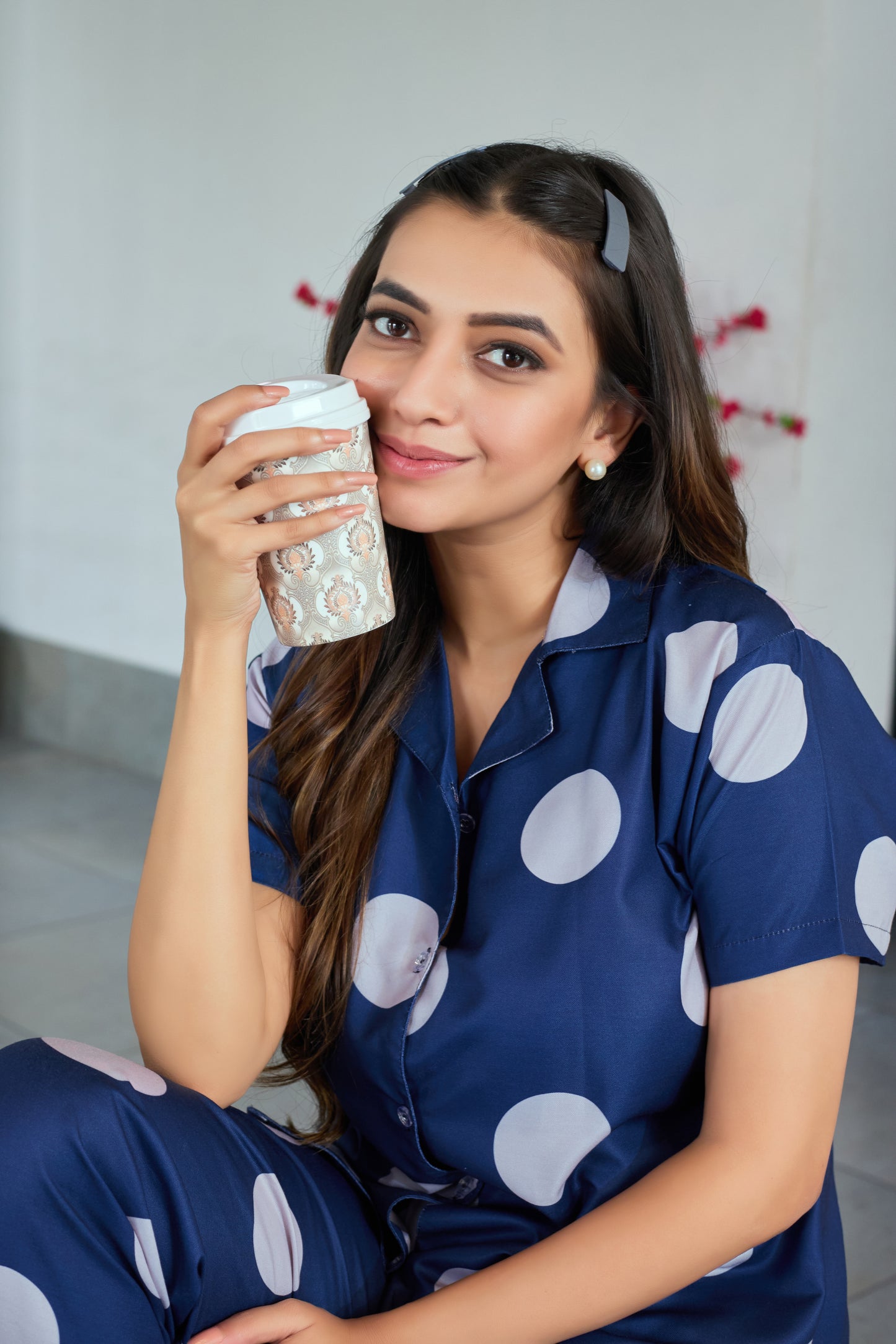 Navy Blue Polka Dot Night Suit for Women – Comfortable Lounge & Sleepwear Set