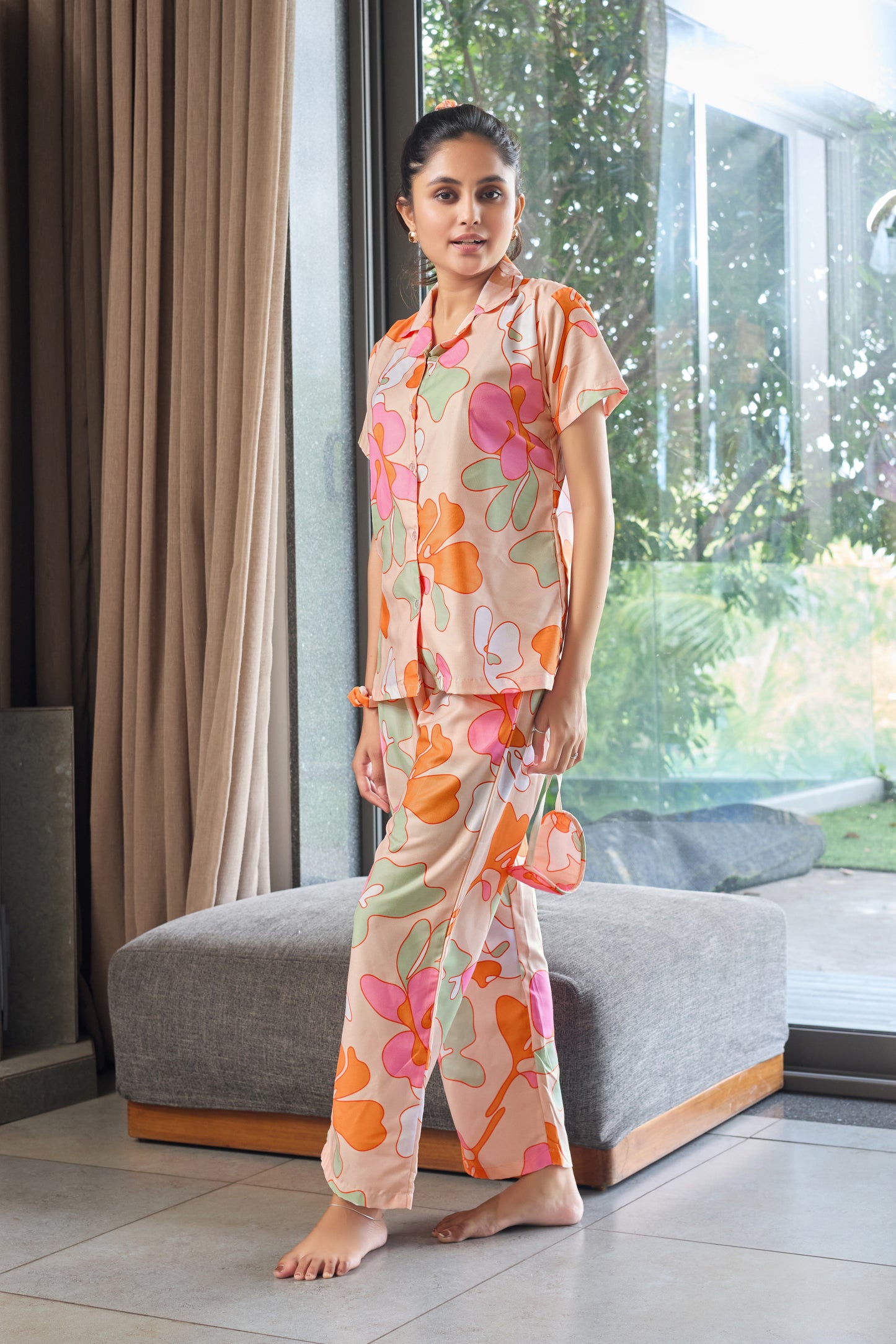 Peach Blossom Printed Night Suit for Women