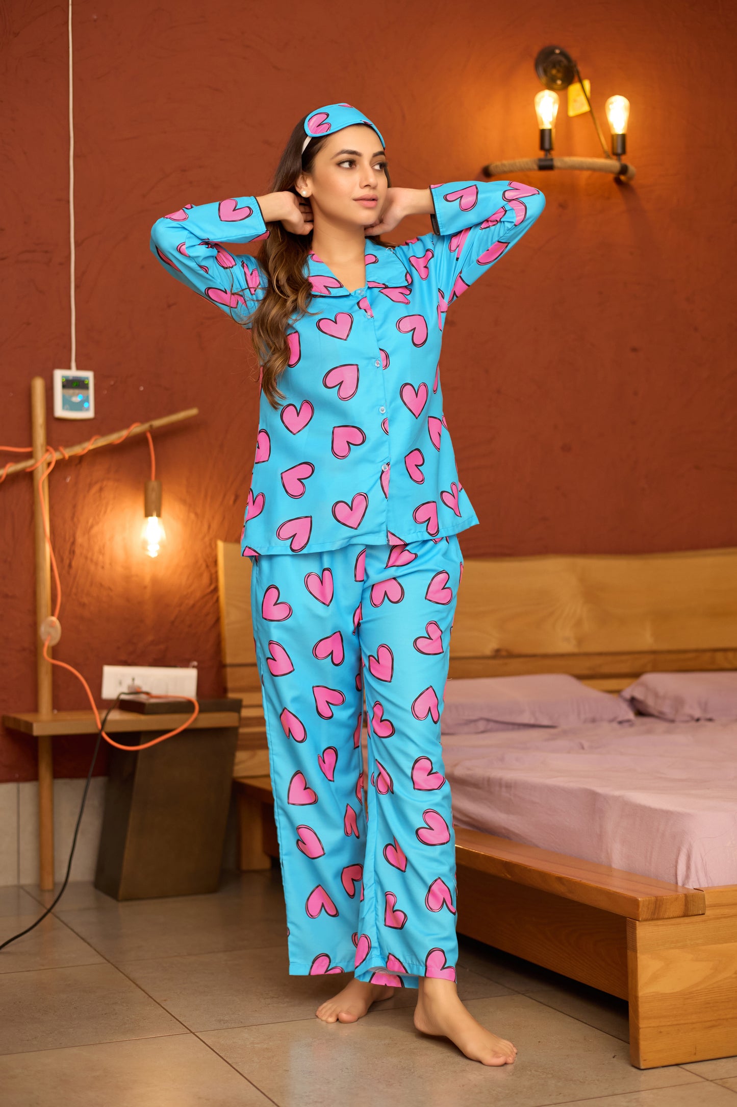 Women's Romantic Heart Print PJ Set with Head Wrap