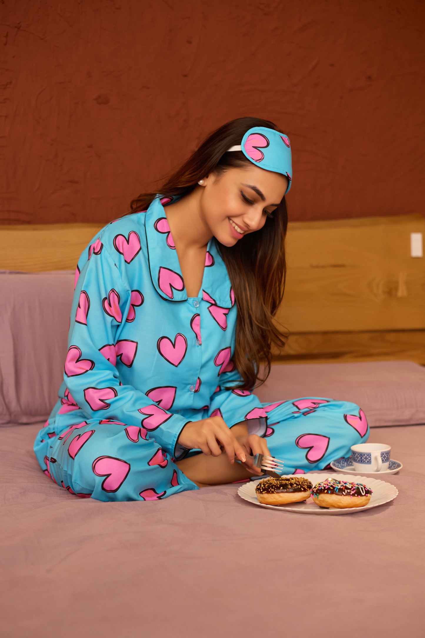 Women's Romantic Heart Print PJ Set with Head Wrap
