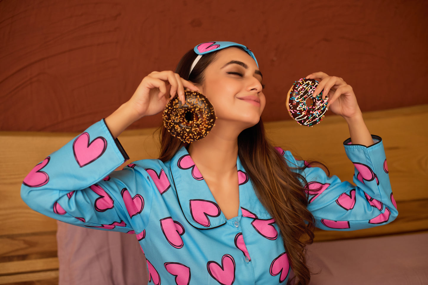 Women's Romantic Heart Print PJ Set with Head Wrap