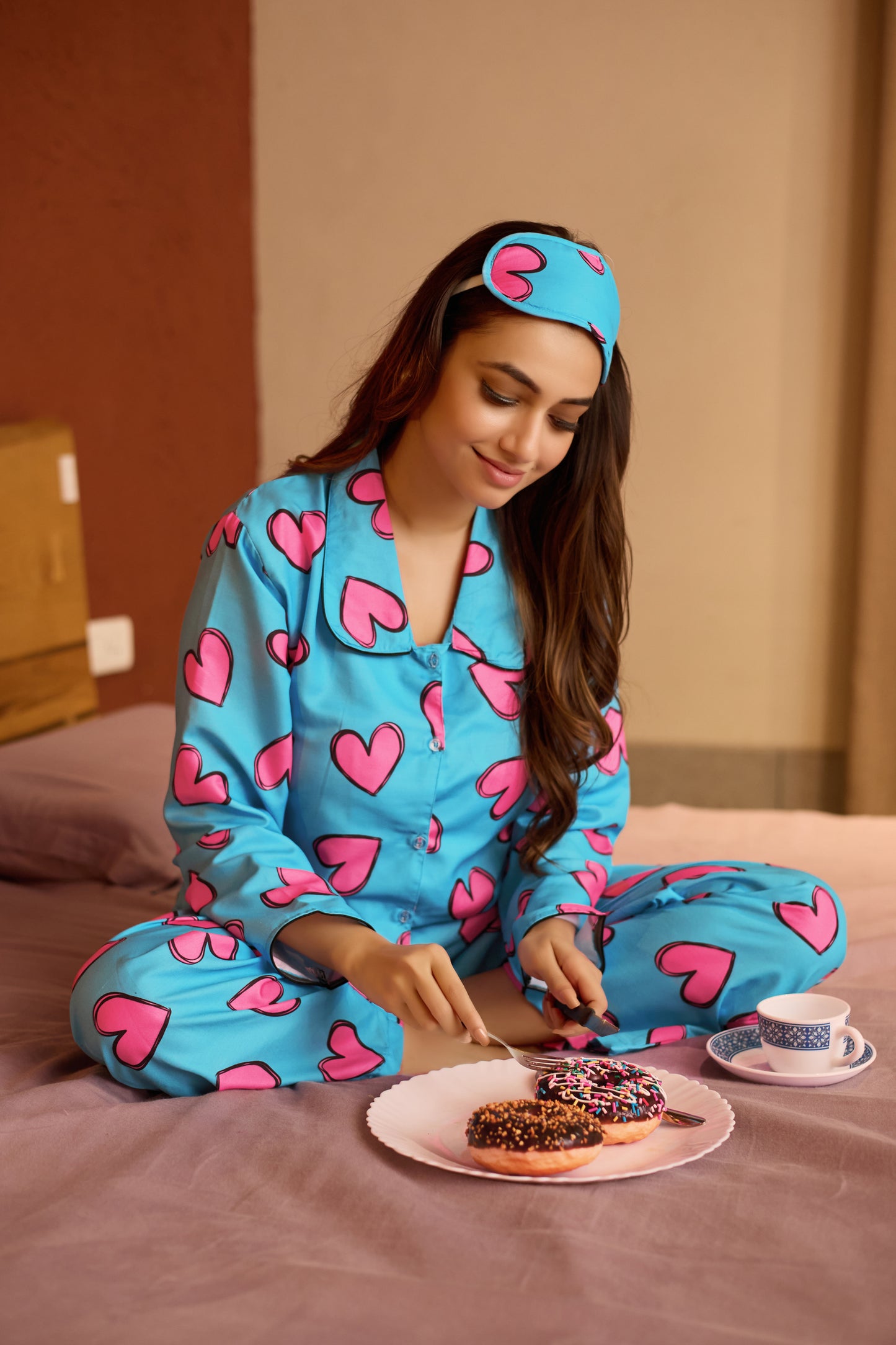 Women's Romantic Heart Print PJ Set with Head Wrap