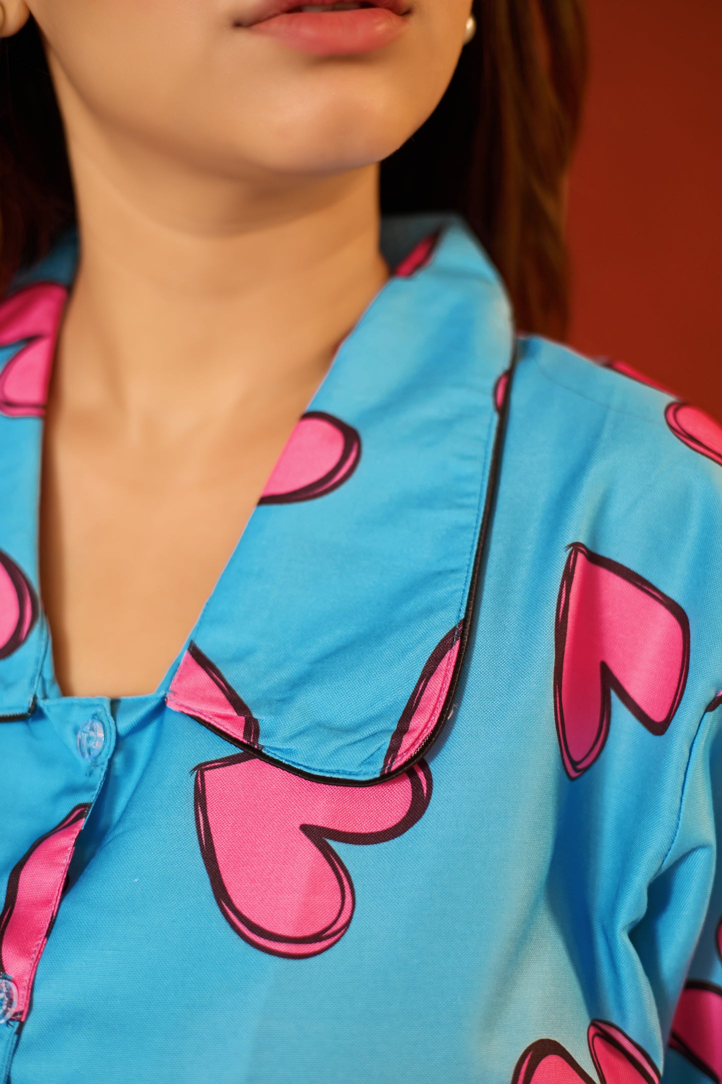 Women's Romantic Heart Print PJ Set with Head Wrap