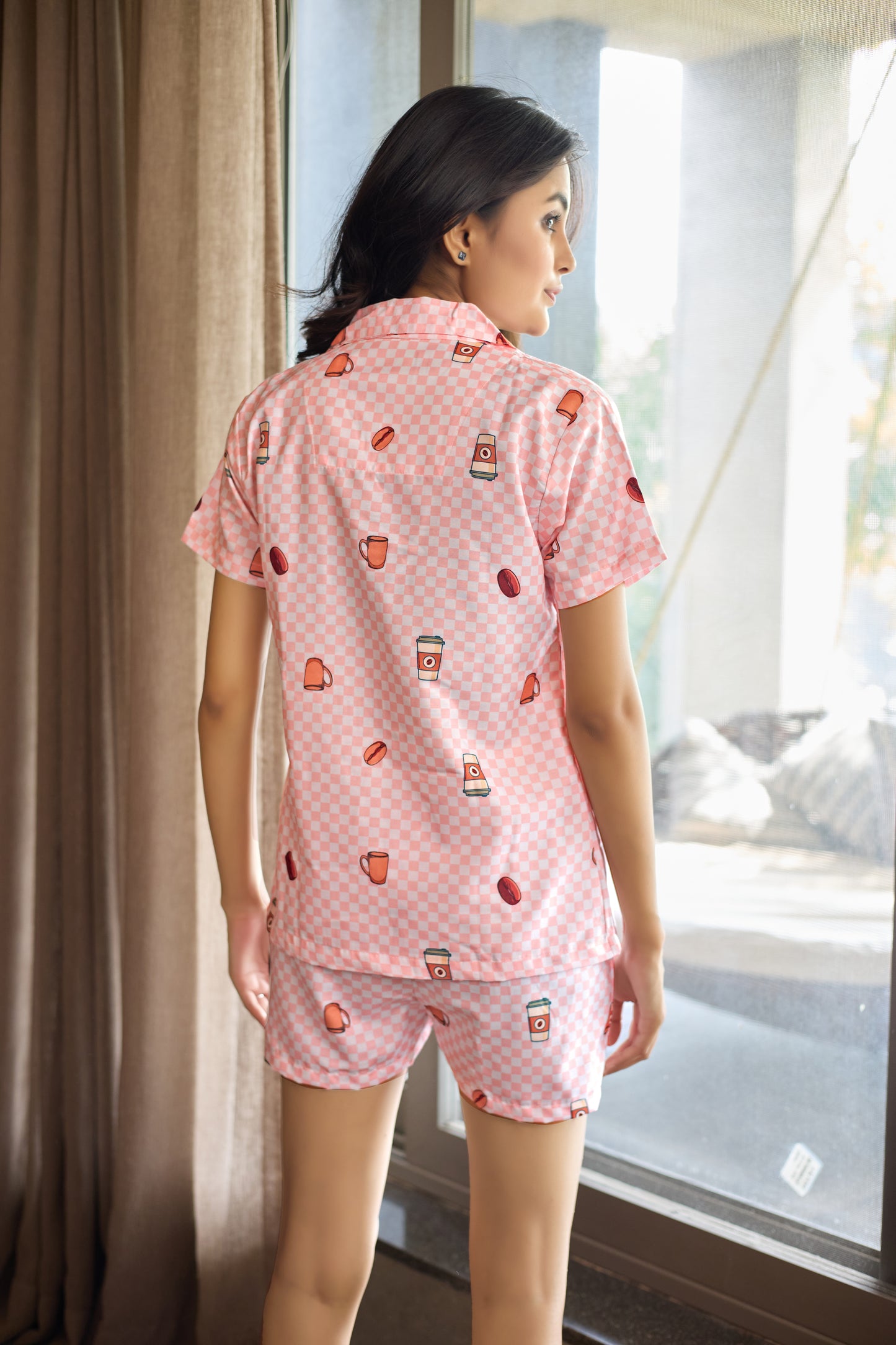 Pink Coffee Vibes Rayon Short-Set for Women