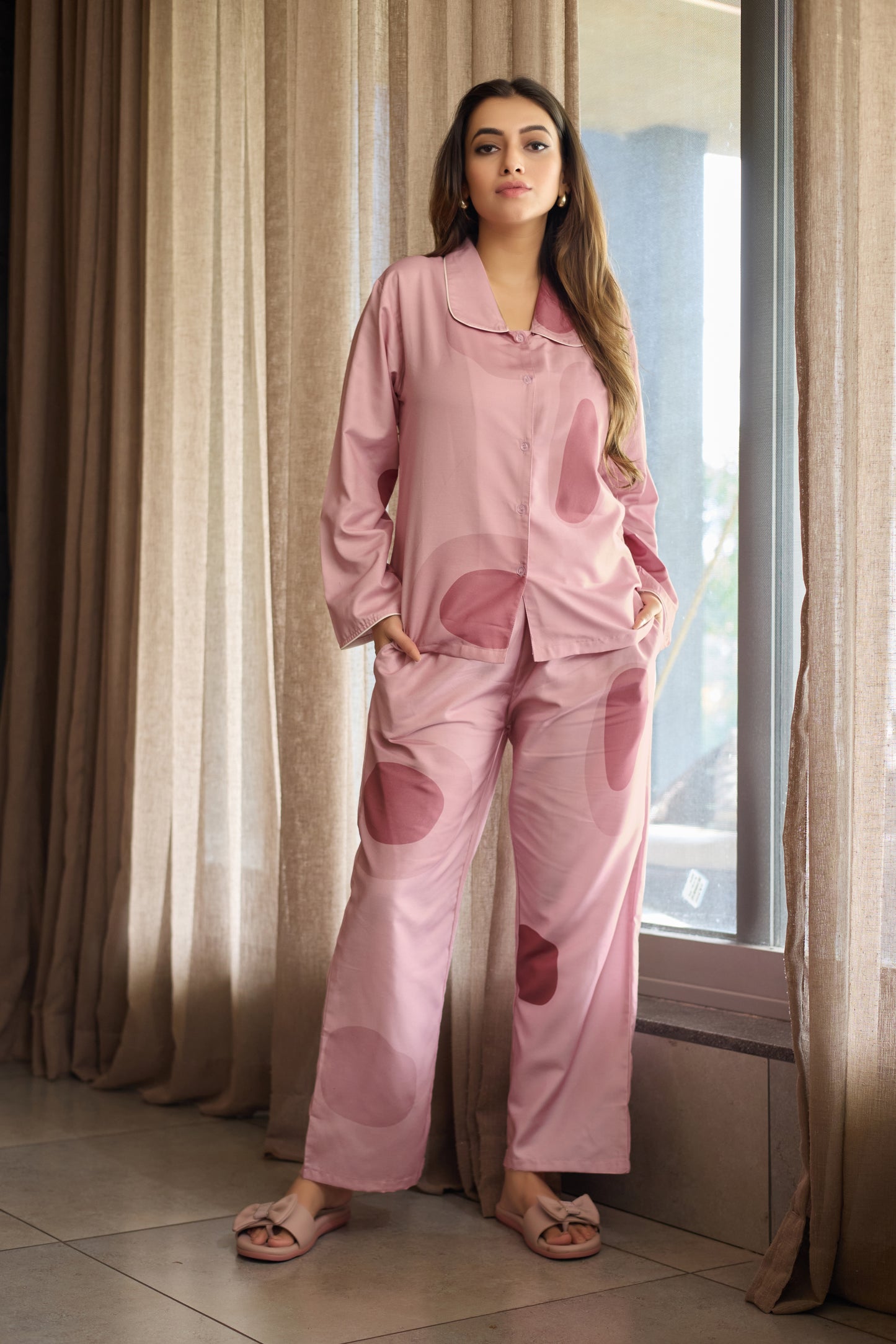 Blush Pink Polka Comfort Nightsuit Set | Women’s Rayon Nightwear Pajamas