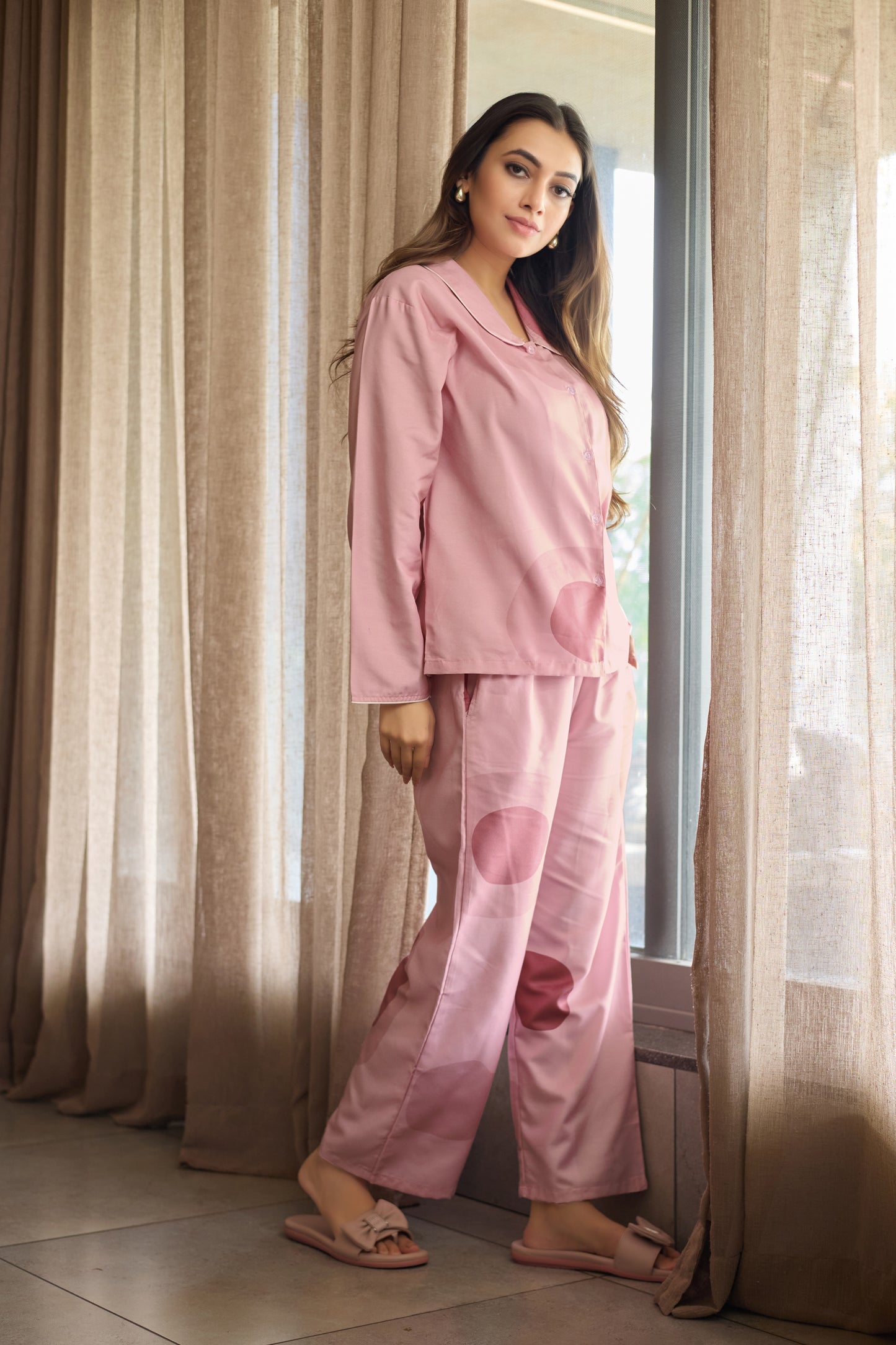 Blush Pink Polka Comfort Nightsuit Set | Women’s Rayon Nightwear Pajamas