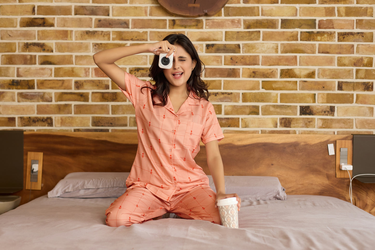 Peach Grid Printed Rayon Nightsuit for Women | Soft Button-Down Sleepwear Set