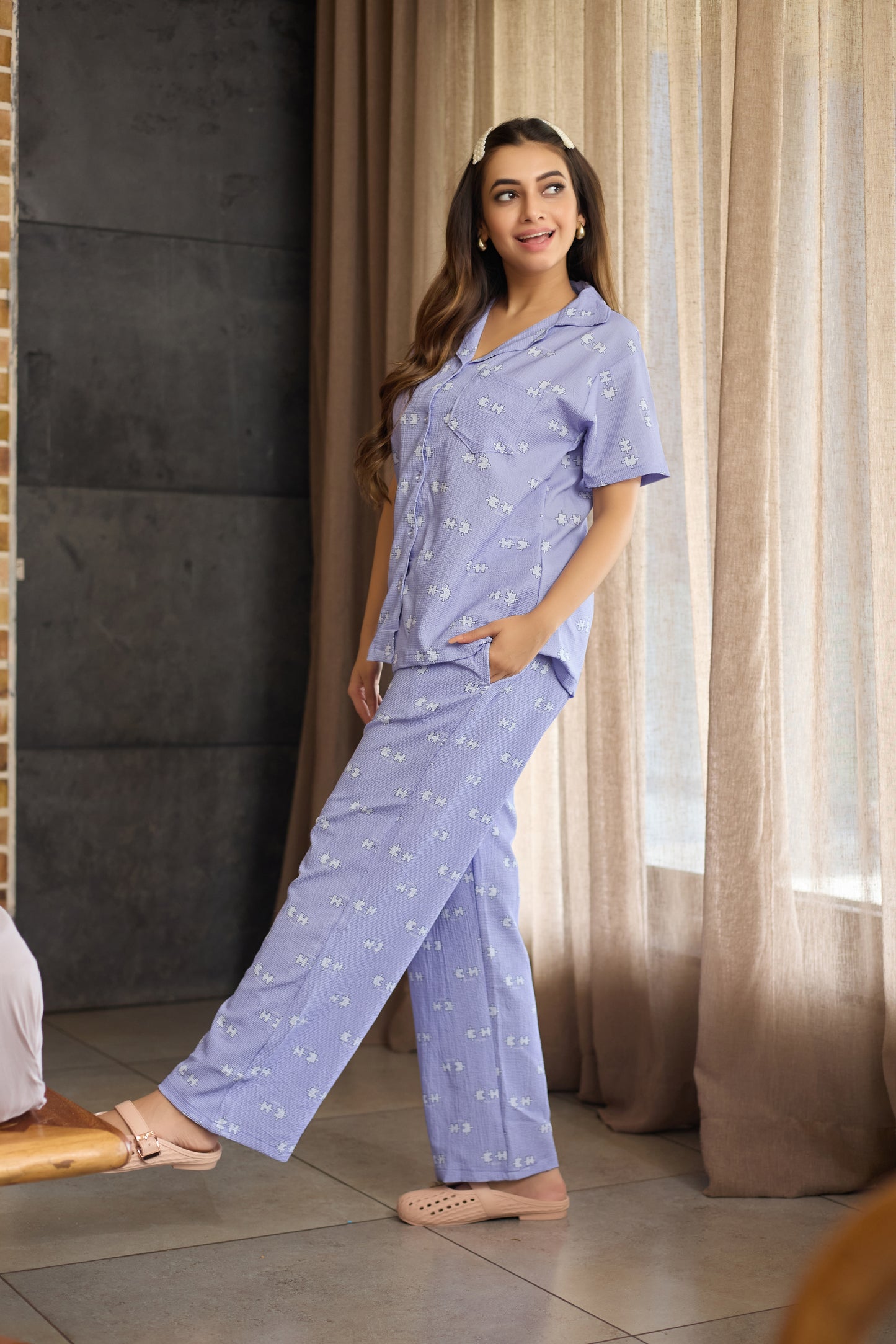 Lavender Bubble Crepe Women's Nightsuit Set For Sweet Dreams