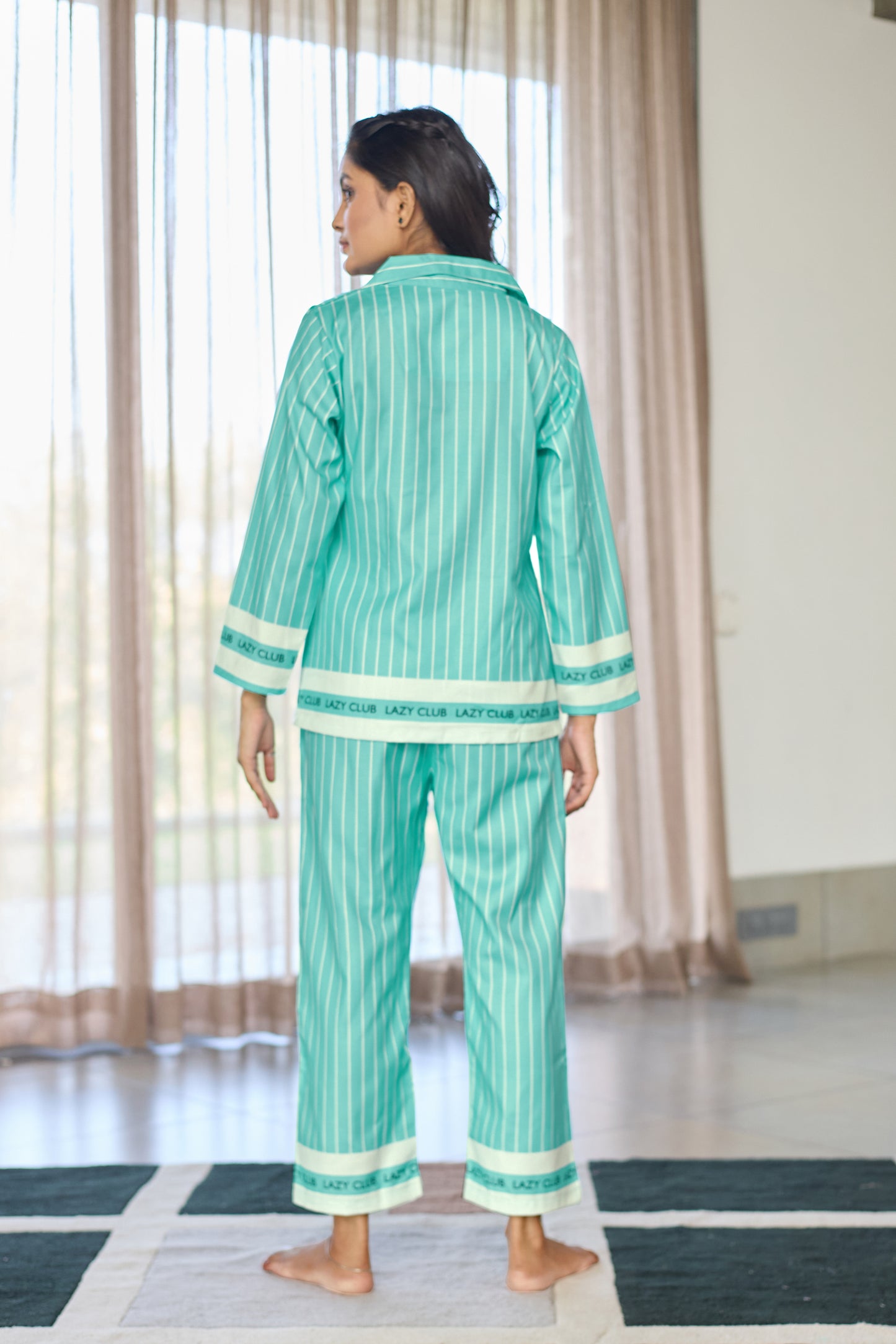 Aqua Green Striped Women’s Nightsuit – Premium Jio Fabric Sleepwear
