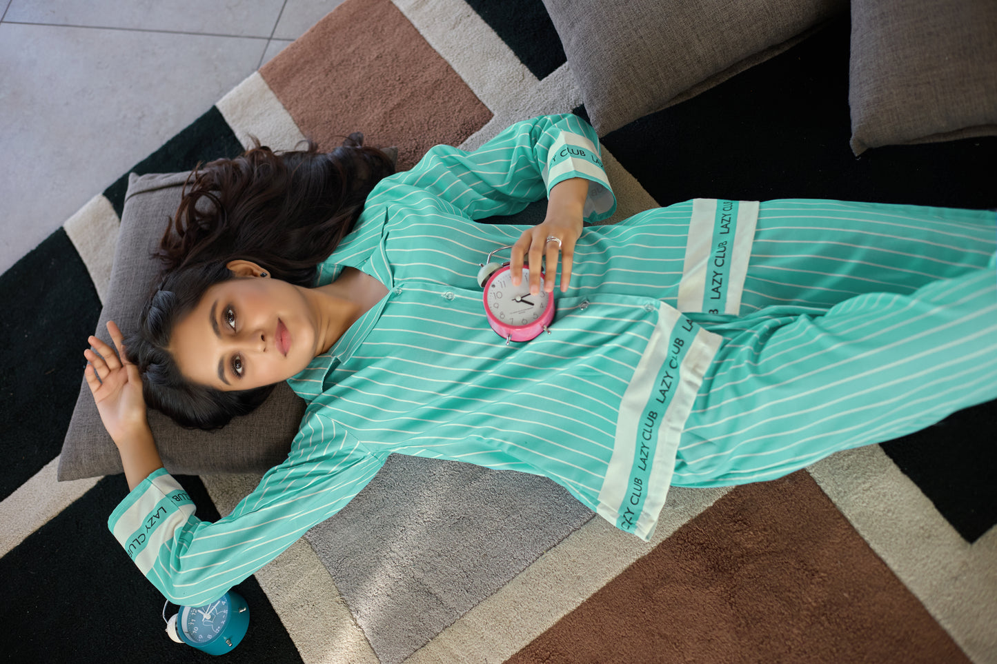 Aqua Green Striped Women’s Nightsuit – Premium Jio Fabric Sleepwear