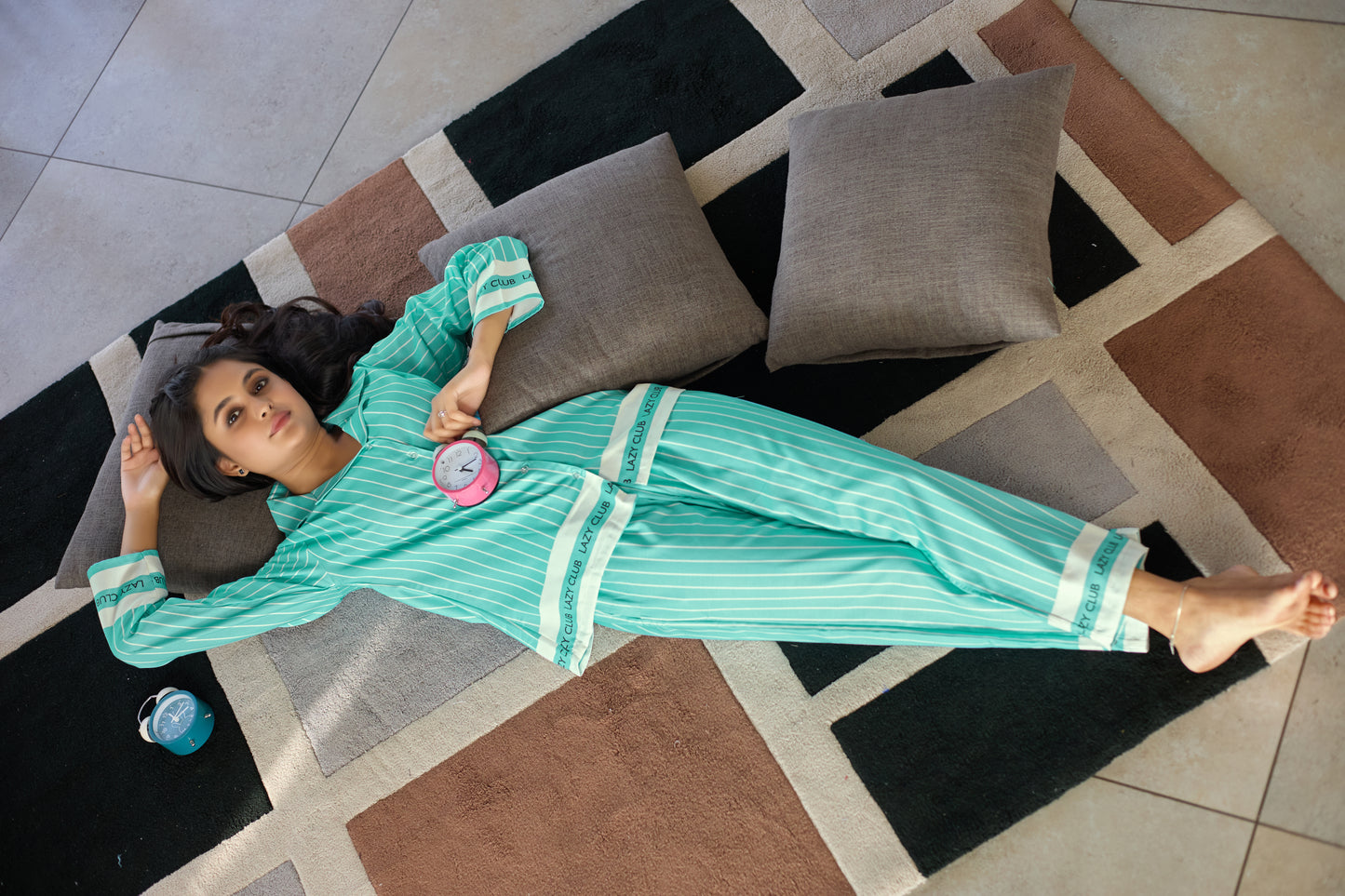 Aqua Green Striped Women’s Nightsuit – Premium Jio Fabric Sleepwear