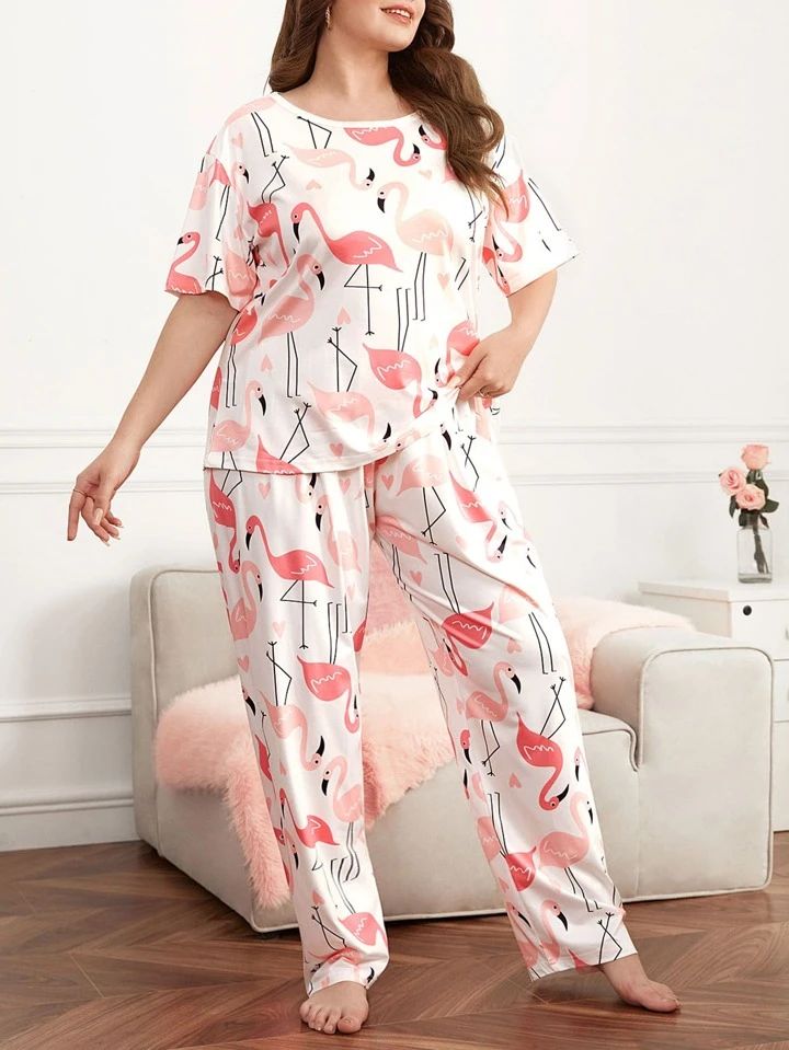 Flamingo Print PJ Set Pants Lounge Nightwear Payjama Set