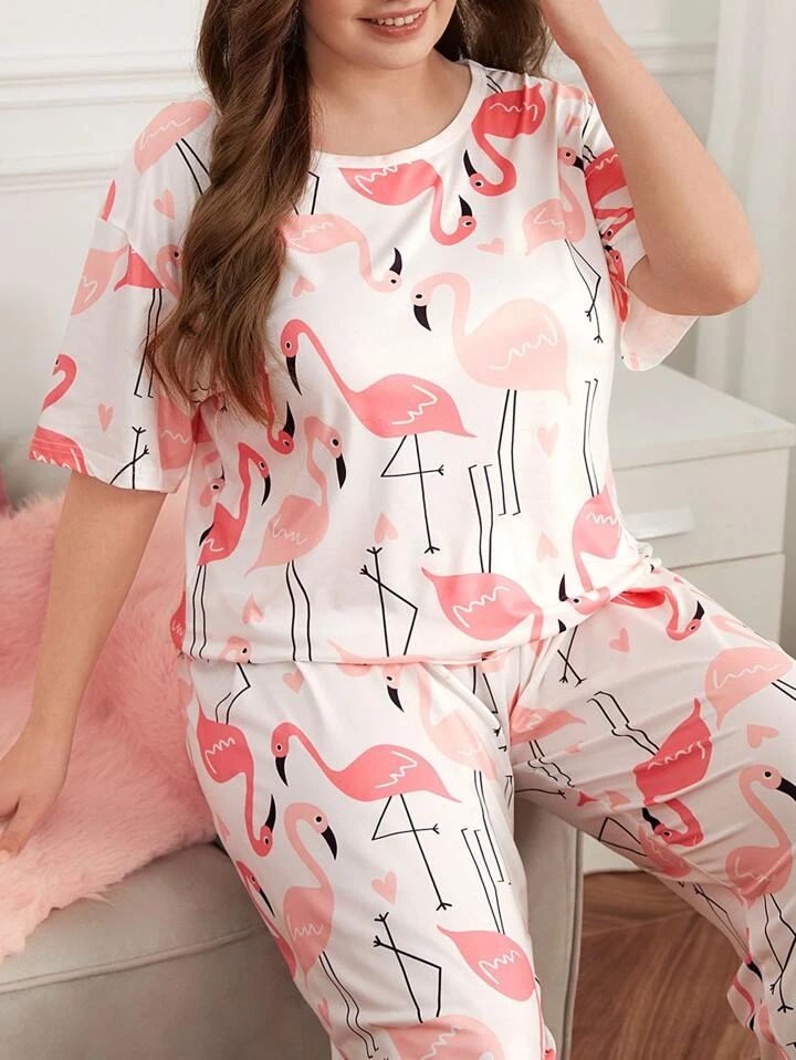 Flamingo Print PJ Set Pants Lounge Nightwear Payjama Set