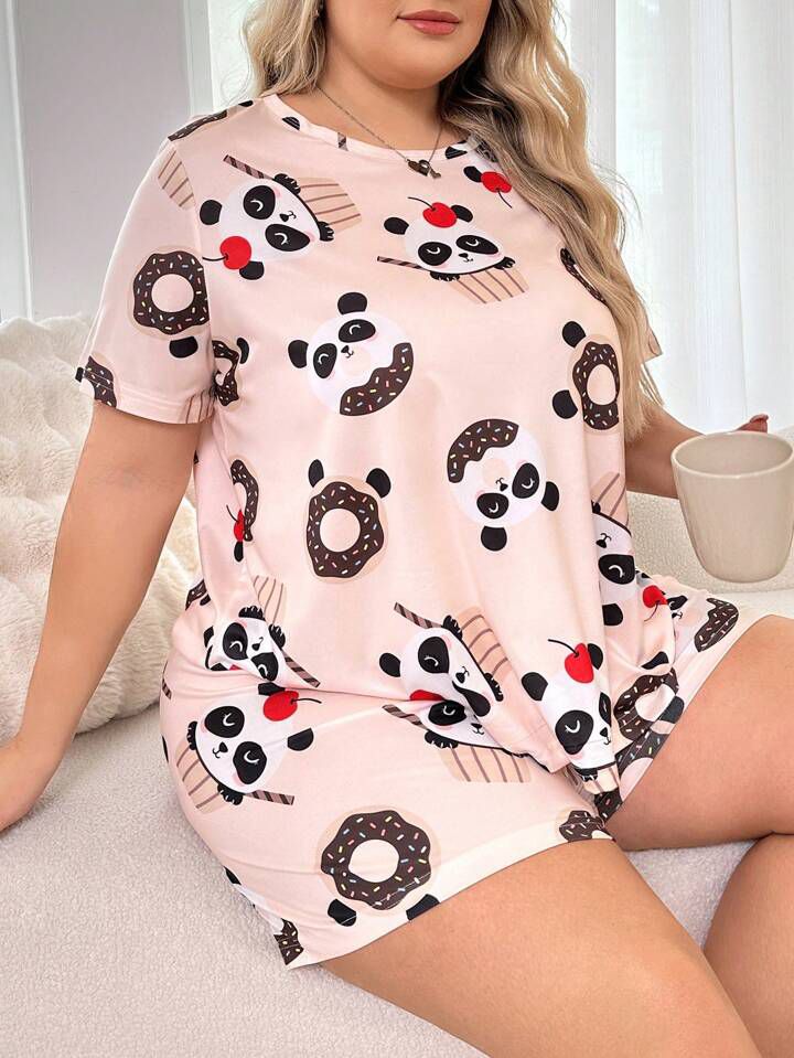 Women's Cute Donut-panda short-Set