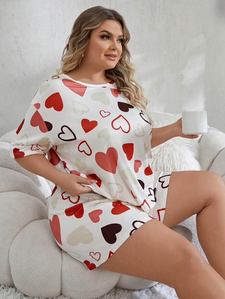 Plus Size Women's Cute Heart Pattern Casual short-set