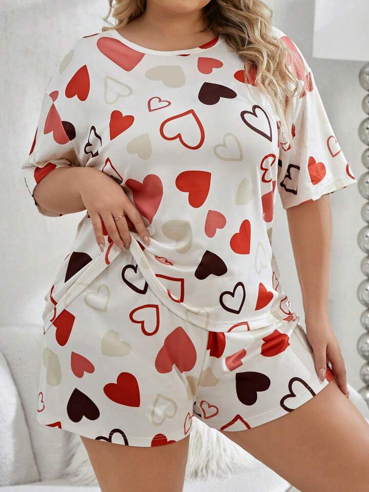 Plus Size Women's Cute Heart Pattern Casual short-set