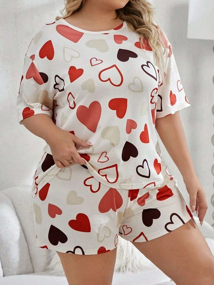 Plus Size Women's Cute Heart Pattern Casual short-set