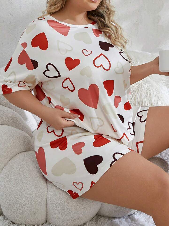 Plus Size Women's Cute Heart Pattern Casual short-set