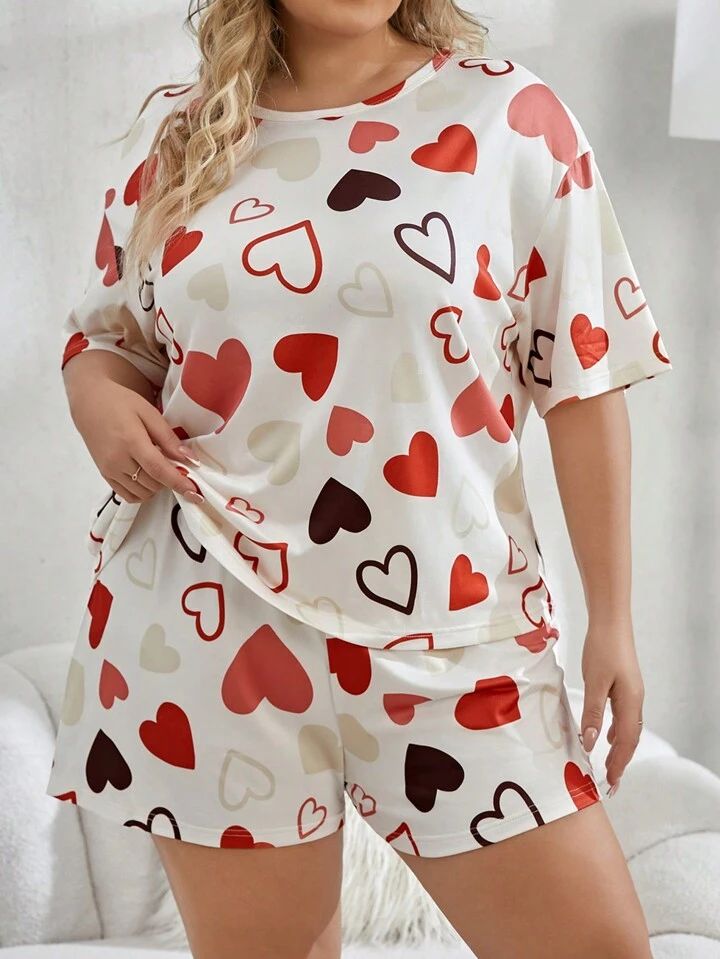 Plus Size Women's Cute Heart Pattern Casual short-set
