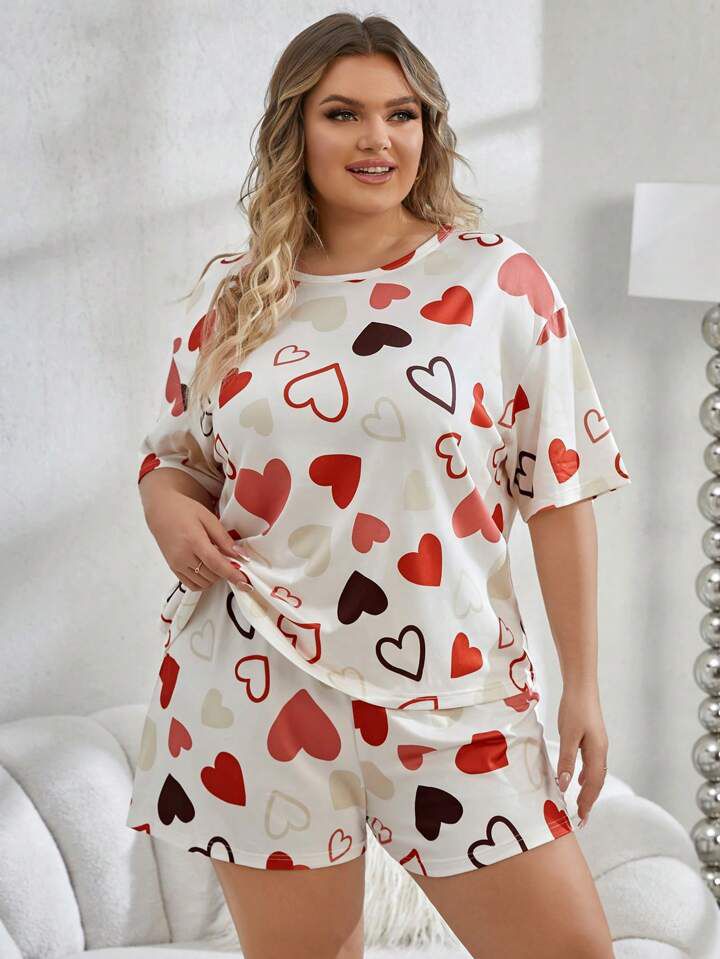 Plus Size Women's Cute Heart Pattern Casual short-set