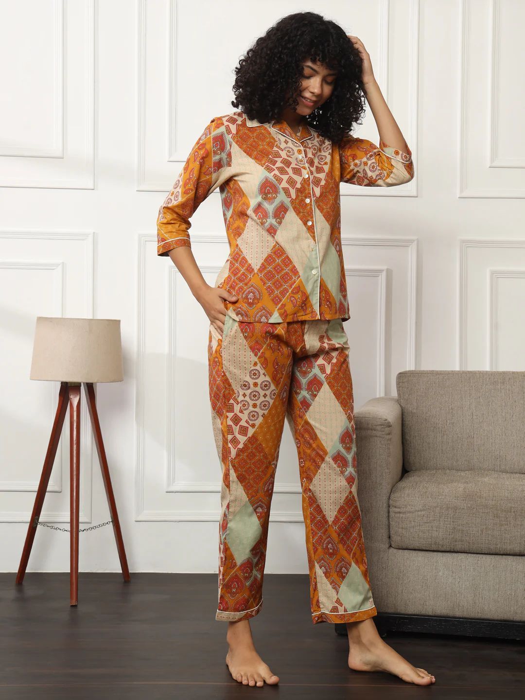 Printed Orange Ethnic PJ Set