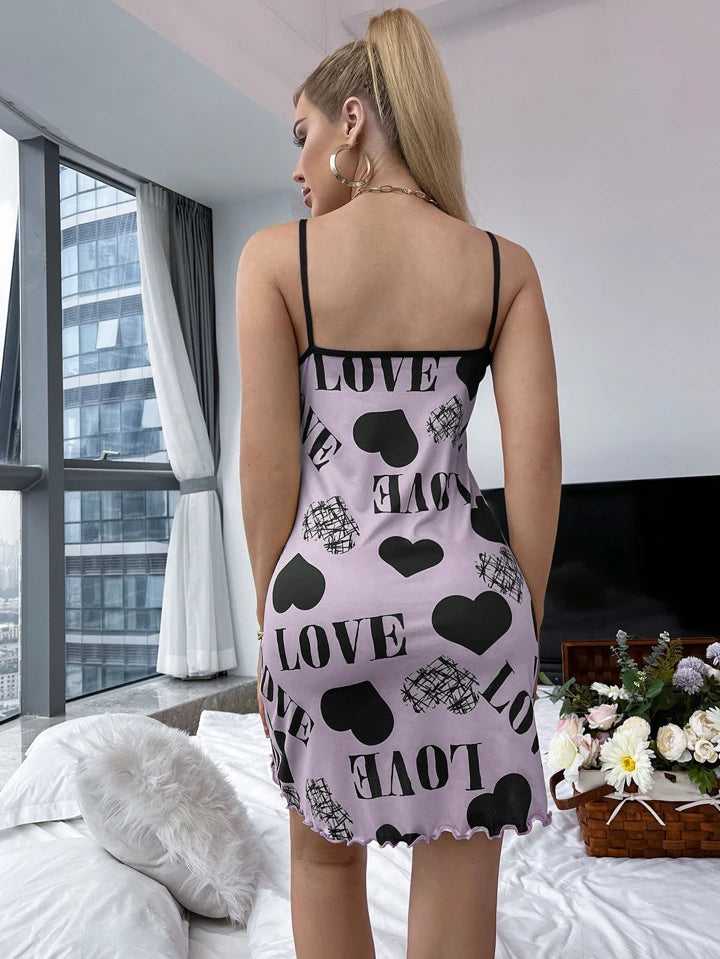 Cute Heart Print Spaghetti Strap Slip Short Nighty for Women