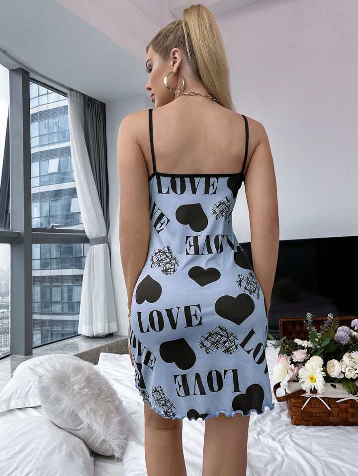 Purple Cute Heart Print Spaghetti Strap Slip Short Nighty for Women