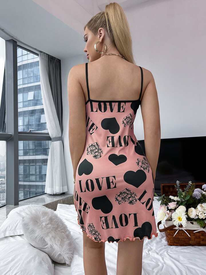 Pink Cute Heart Print Spaghetti Strap Slip Short Nighty for Women