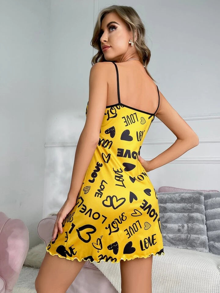 Yellow Cute Heart Print Spaghetti Strap Slip Short Nighty for Women