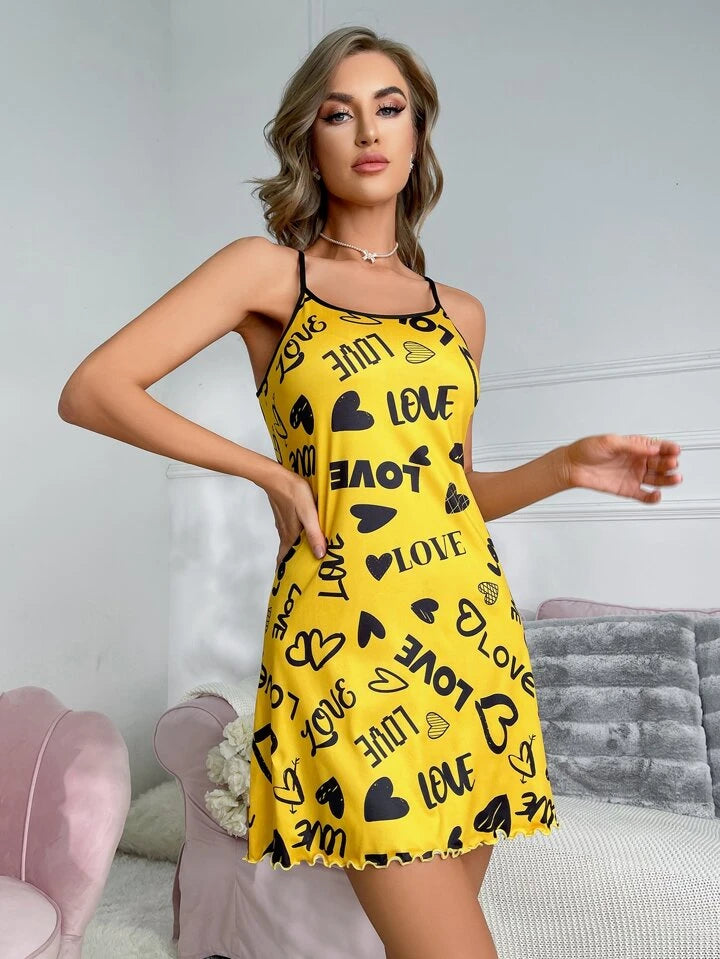 Yellow Cute Heart Print Spaghetti Strap Slip Short Nighty for Women