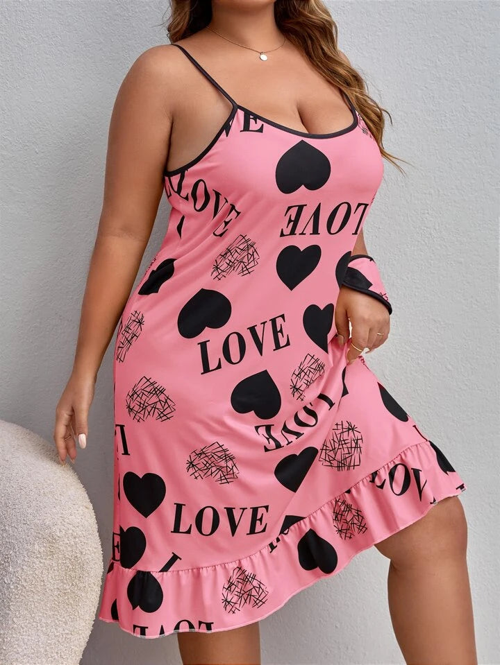 Pink Love Heart and Letter Short Nighty for Women