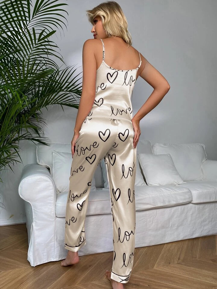 White Letter Print Pajama Set, V Neck Cami Top & Elastic Waistband Pants for Women