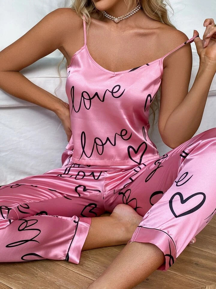 Pink Letter Print Pajama Set, V Neck Cami Top & Elastic Waistband Pants