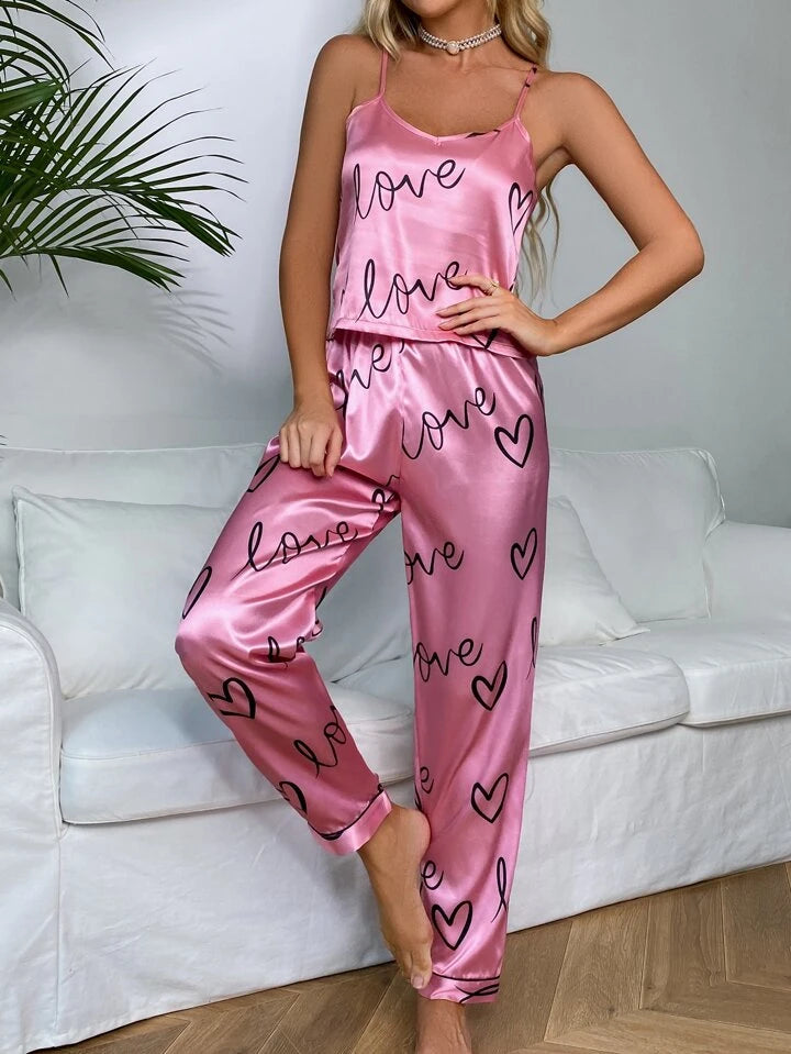 Pink Letter Print Pajama Set, V Neck Cami Top & Elastic Waistband Pants