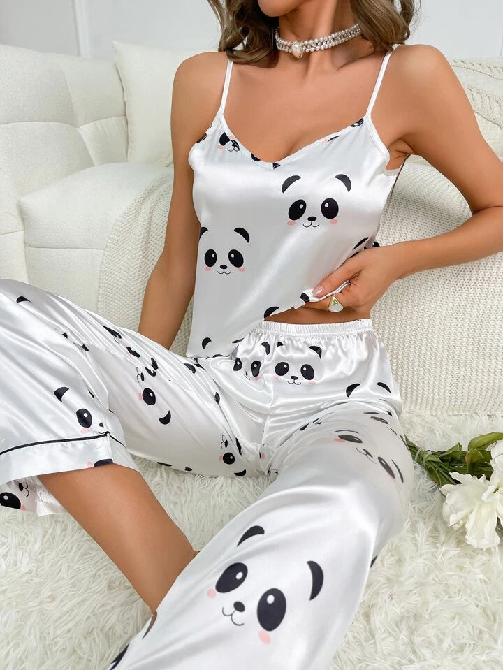 Cartoon Panda Print Pajama Set, V Neck Cami Top & Elastic Waistband Pants, Women's Sleepwear & Loungewear
